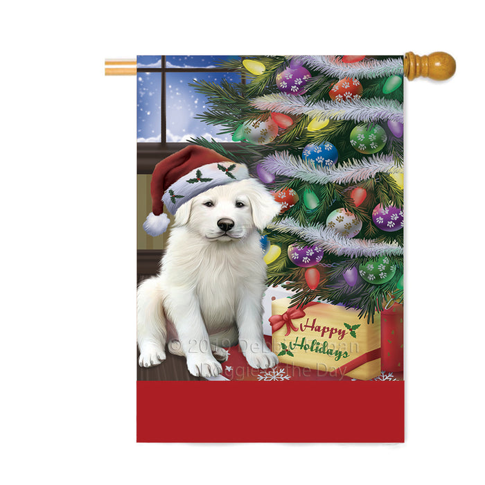 Personalized Christmas Happy Holidays Great Pyrenee Dog with Tree and Presents Custom House Flag FLG-DOTD-A58692