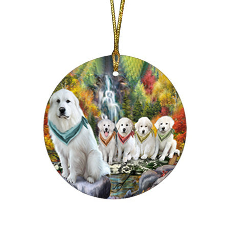 Scenic Waterfall Great Pyreneess Dog Round Flat Christmas Ornament RFPOR50162