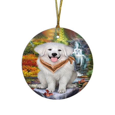 Scenic Waterfall Great Pyrenees Dog Round Flat Christmas Ornament RFPOR50163