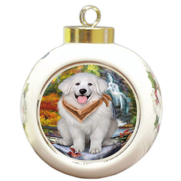 Scenic Waterfall Great Pyrenees Dog Round Ball Christmas Ornament RBPOR50172