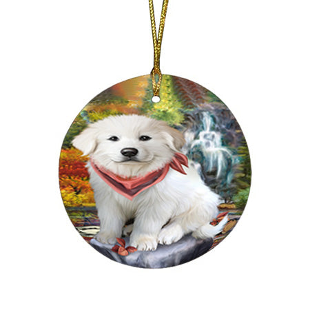 Scenic Waterfall Great Pyrenees Dog Round Flat Christmas Ornament RFPOR50164