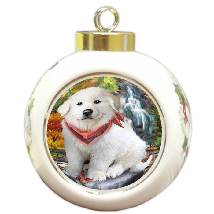 Scenic Waterfall Great Pyrenees Dog Round Ball Christmas Ornament RBPOR50173