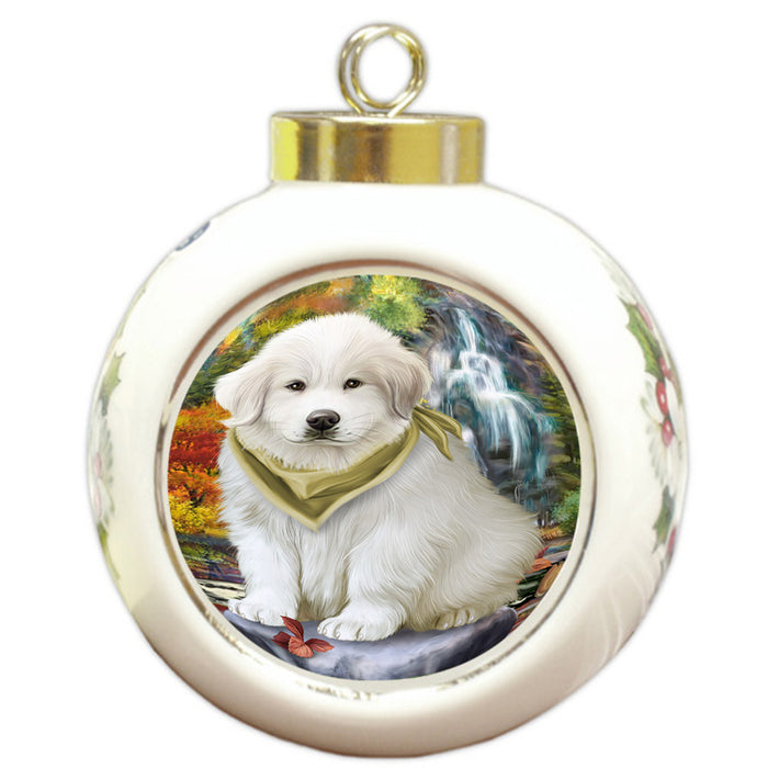 Scenic Waterfall Great Pyrenees Dog Round Ball Christmas Ornament RBPOR50174