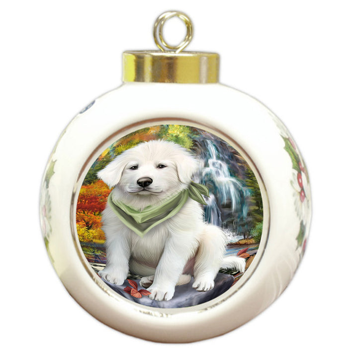 Scenic Waterfall Great Pyrenees Dog Round Ball Christmas Ornament RBPOR50175