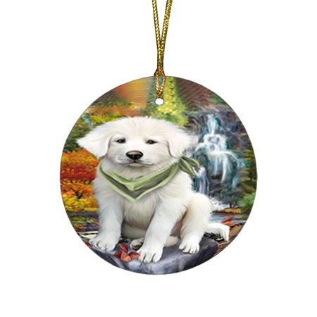 Scenic Waterfall Great Pyrenees Dog Round Flat Christmas Ornament RFPOR50166