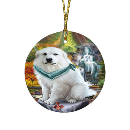 Scenic Waterfall Great Pyrenees Dog Round Flat Christmas Ornament RFPOR50167