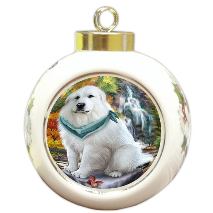 Scenic Waterfall Great Pyrenees Dog Round Ball Christmas Ornament RBPOR50176