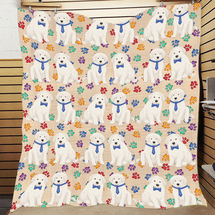 Rainbow Paw Print Great Pyrenees Dogs Blue Quilt
