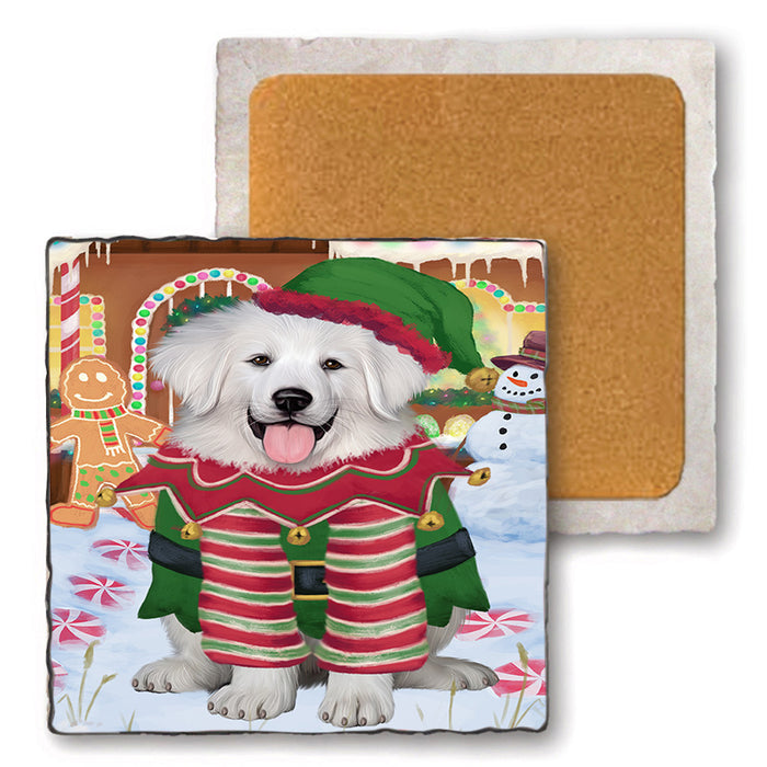 Christmas Gingerbread House Candyfest Great Pyrenee Dog Set of 4 Natural Stone Marble Tile Coasters MCST51350