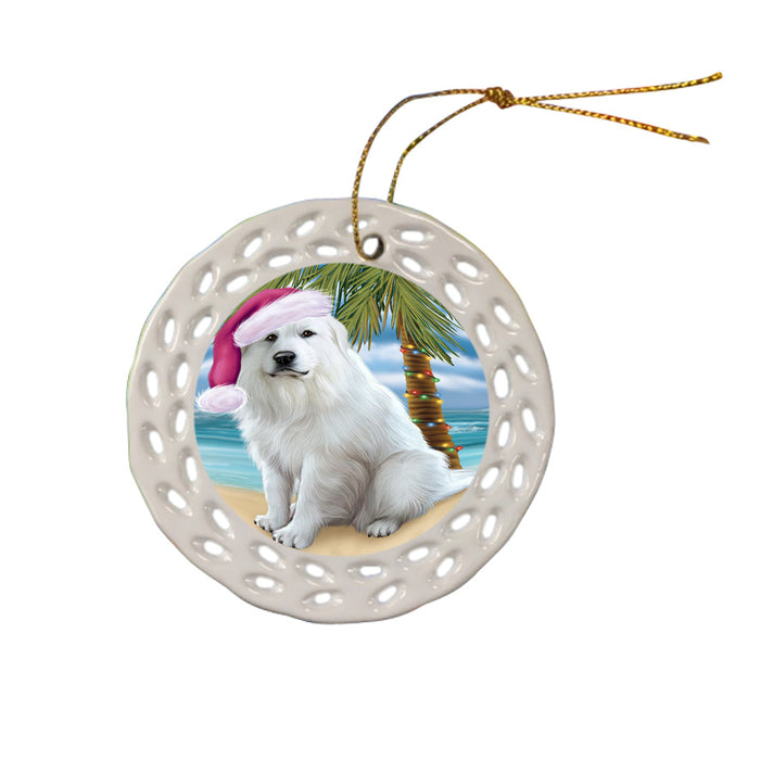Summertime Happy Holidays Christmas Great Pyrenee Dog on Tropical Island Beach Ceramic Doily Ornament DPOR54560