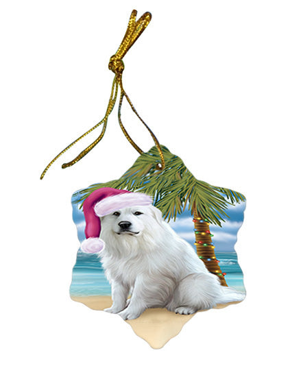 Summertime Happy Holidays Christmas Great Pyrenee Dog on Tropical Island Beach Star Porcelain Ornament SPOR54551