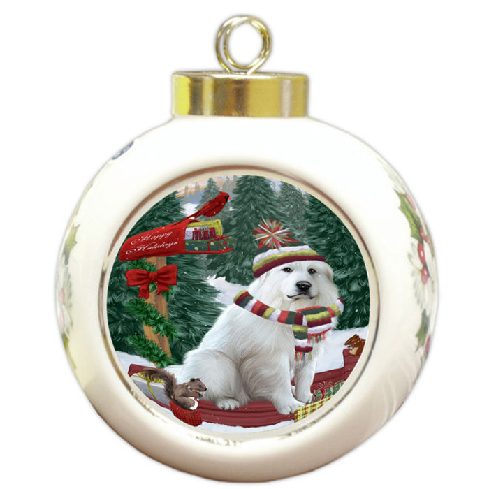 Merry Christmas Woodland Sled Great Pyrenee Dog Round Ball Christmas Ornament RBPOR55300