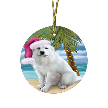 Summertime Happy Holidays Christmas Great Pyrenee Dog on Tropical Island Beach Round Flat Christmas Ornament RFPOR54551