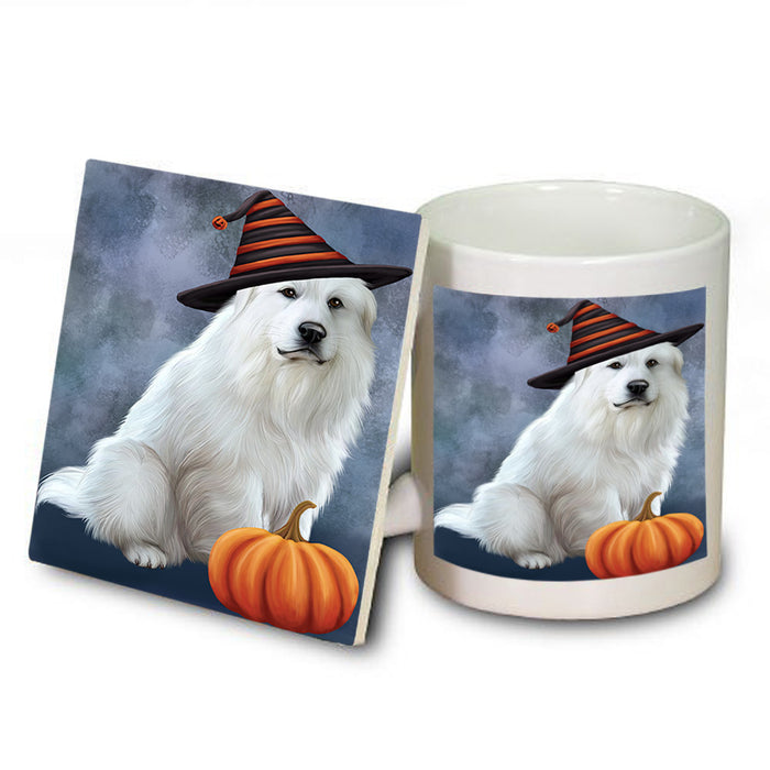 Happy Halloween Great Pyrenee Dog Wearing Witch Hat with Pumpkin Mug and Coaster Set MUC54720