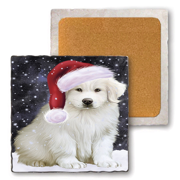 Let it Snow Christmas Holiday Great Pyrenee Dog Wearing Santa Hat Set of 4 Natural Stone Marble Tile Coasters MCST49297