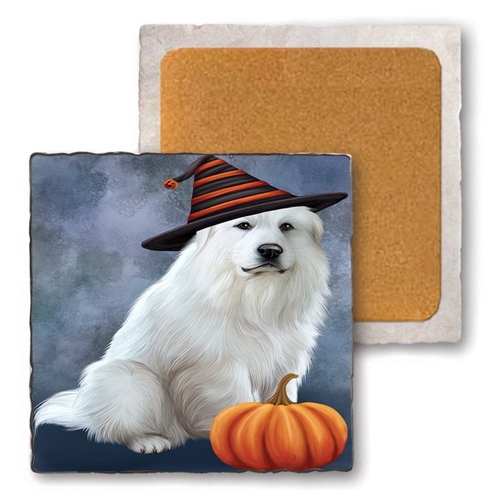Happy Halloween Great Pyrenee Dog Wearing Witch Hat with Pumpkin Set of 4 Natural Stone Marble Tile Coasters MCST49728