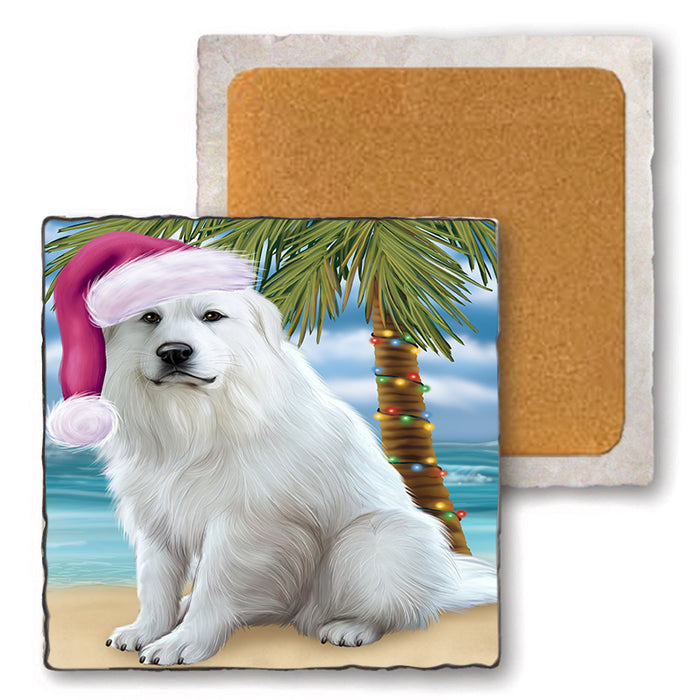 Summertime Happy Holidays Christmas Great Pyrenee Dog on Tropical Island Beach Set of 4 Natural Stone Marble Tile Coasters MCST49432