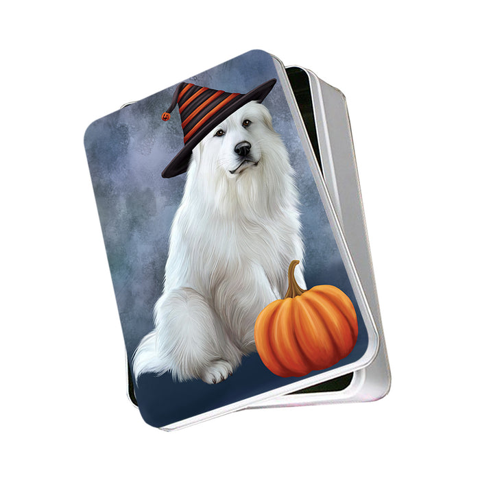 Happy Halloween Great Pyrenee Dog Wearing Witch Hat with Pumpkin Photo Storage Tin PITN54671