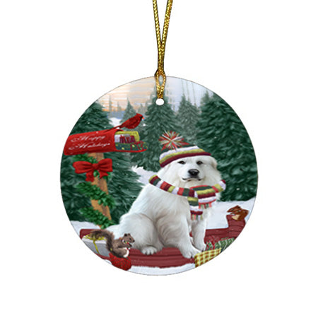 Merry Christmas Woodland Sled Great Pyrenee Dog Round Flat Christmas Ornament RFPOR55300