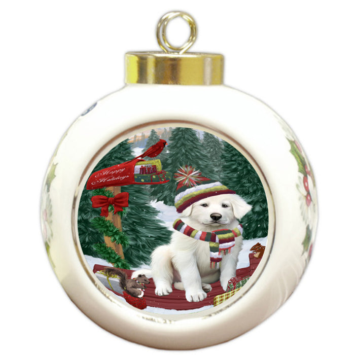 Merry Christmas Woodland Sled Great Pyrenee Dog Round Ball Christmas Ornament RBPOR55301