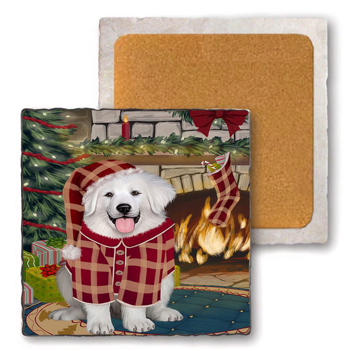 The Stocking was Hung Great Pyrenee Dog Set of 4 Natural Stone Marble Tile Coasters MCST50325