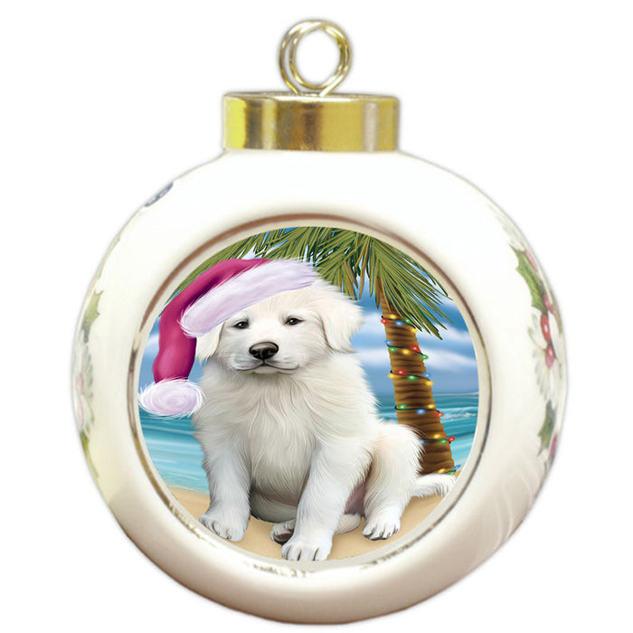 Summertime Happy Holidays Christmas Great Pyrenee Dog on Tropical Island Beach Round Ball Christmas Ornament RBPOR54561