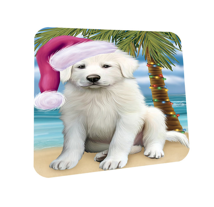 Summertime Happy Holidays Christmas Great Pyrenee Dog on Tropical Island Beach Coasters Set of 4 CST54391