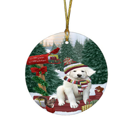Merry Christmas Woodland Sled Great Pyrenee Dog Round Flat Christmas Ornament RFPOR55301
