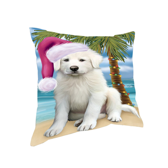 Summertime Happy Holidays Christmas Great Pyrenee Dog on Tropical Island Beach Pillow PIL74868