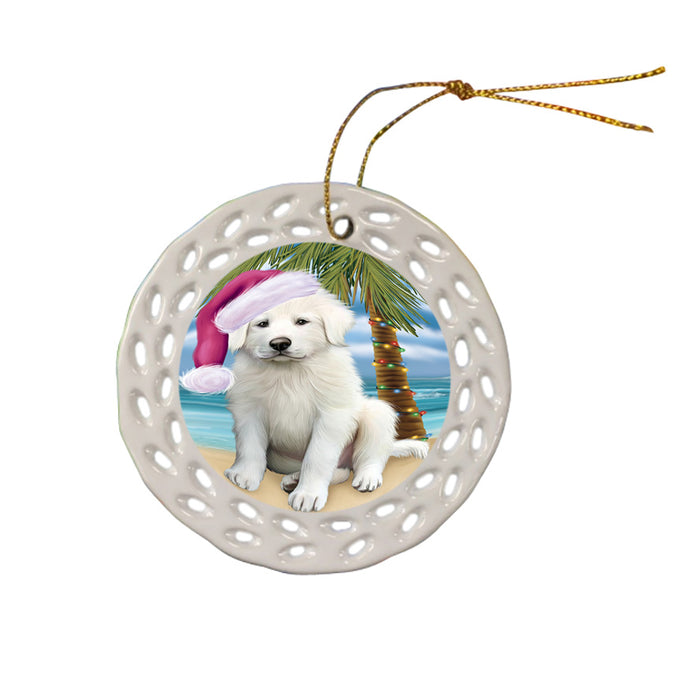Summertime Happy Holidays Christmas Great Pyrenee Dog on Tropical Island Beach Ceramic Doily Ornament DPOR54561