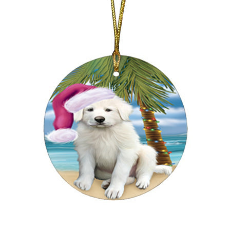 Summertime Happy Holidays Christmas Great Pyrenee Dog on Tropical Island Beach Round Flat Christmas Ornament RFPOR54552