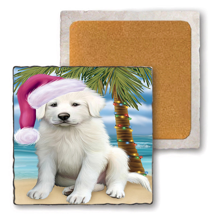 Summertime Happy Holidays Christmas Great Pyrenee Dog on Tropical Island Beach Set of 4 Natural Stone Marble Tile Coasters MCST49433