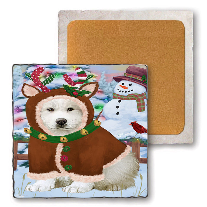 Christmas Gingerbread House Candyfest Great Pyrenee Dog Set of 4 Natural Stone Marble Tile Coasters MCST51351