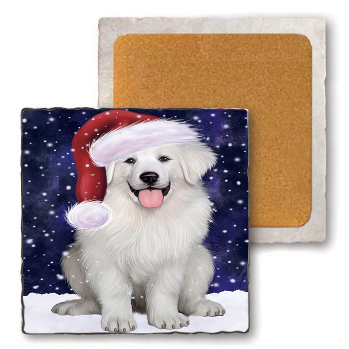 Let it Snow Christmas Holiday Great Pyrenee Dog Wearing Santa Hat Set of 4 Natural Stone Marble Tile Coasters MCST49298