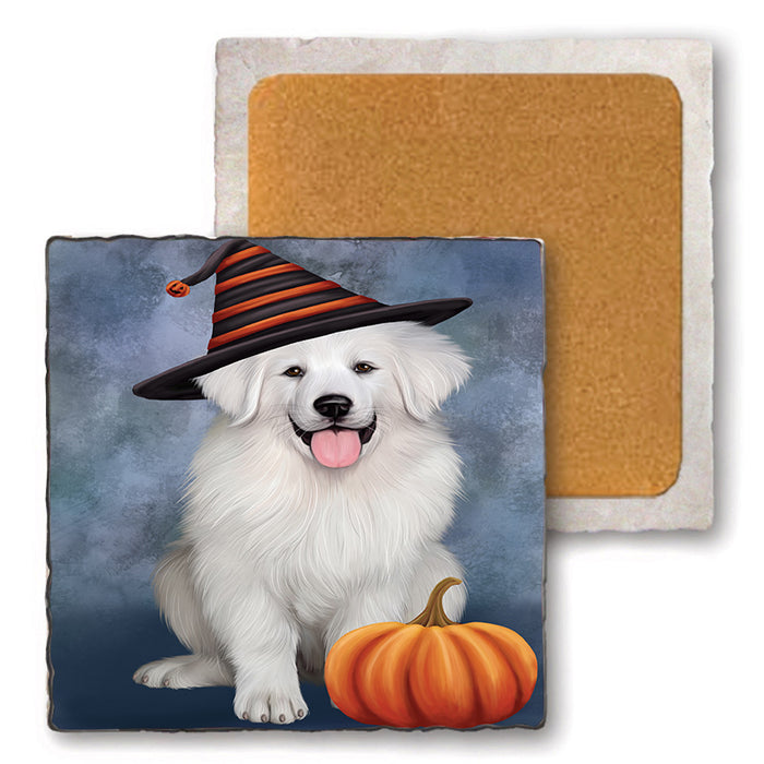 Happy Halloween Great Pyrenee Dog Wearing Witch Hat with Pumpkin Set of 4 Natural Stone Marble Tile Coasters MCST49729