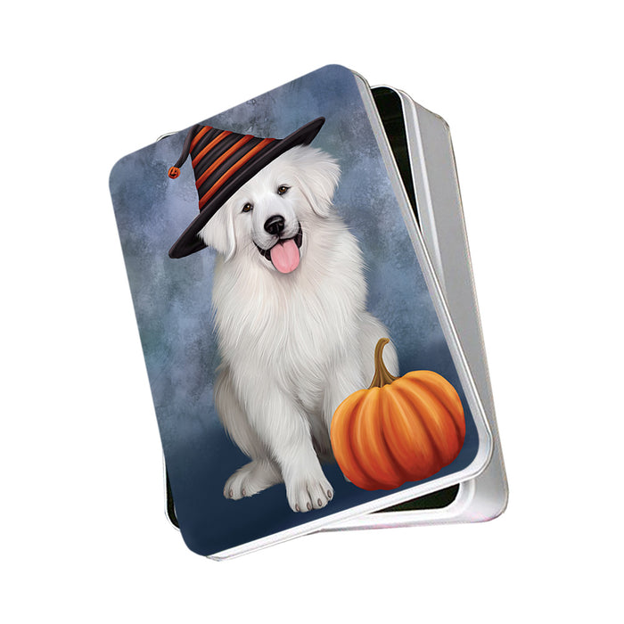 Happy Halloween Great Pyrenee Dog Wearing Witch Hat with Pumpkin Photo Storage Tin PITN54672
