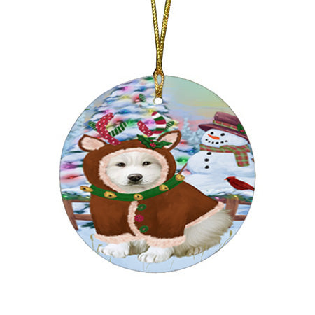 Christmas Gingerbread House Candyfest Great Pyrenee Dog Round Flat Christmas Ornament RFPOR56707