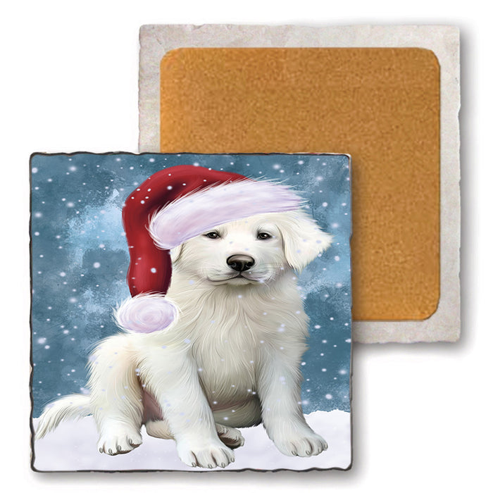 Let it Snow Christmas Holiday Great Pyrenee Dog Wearing Santa Hat Set of 4 Natural Stone Marble Tile Coasters MCST49299