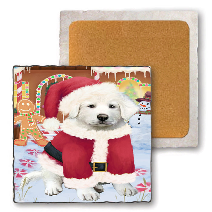 Christmas Gingerbread House Candyfest Great Pyrenee Dog Set of 4 Natural Stone Marble Tile Coasters MCST51352
