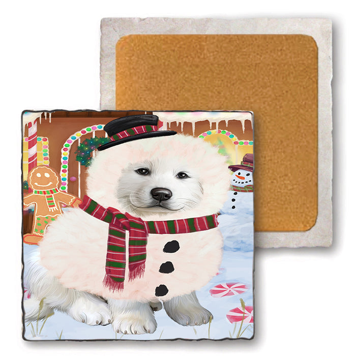 Christmas Gingerbread House Candyfest Great Pyrenee Dog Set of 4 Natural Stone Marble Tile Coasters MCST51353