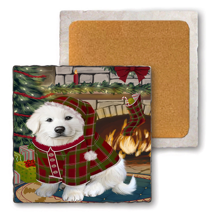 The Stocking was Hung Great Pyrenee Dog Set of 4 Natural Stone Marble Tile Coasters MCST50327
