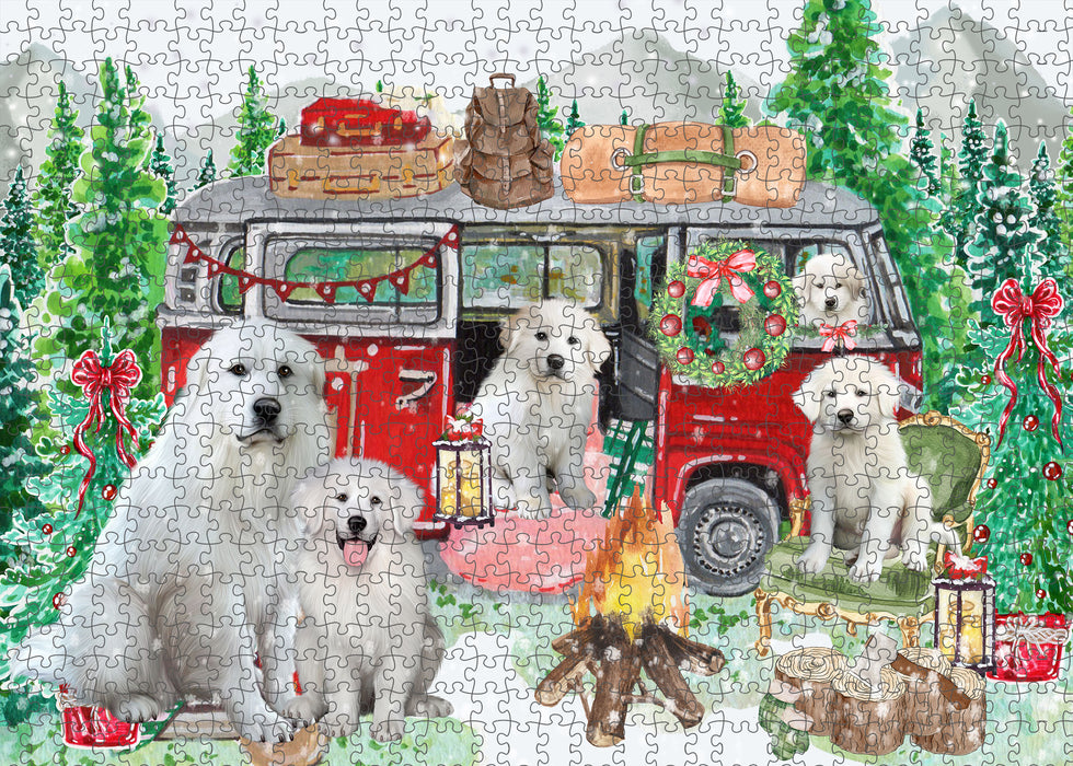 Christmas Time Camping with Great Pyrenees Dogs Portrait Jigsaw Puzzle for Adults Animal Interlocking Puzzle Game Unique Gift for Dog Lover's with Metal Tin Box