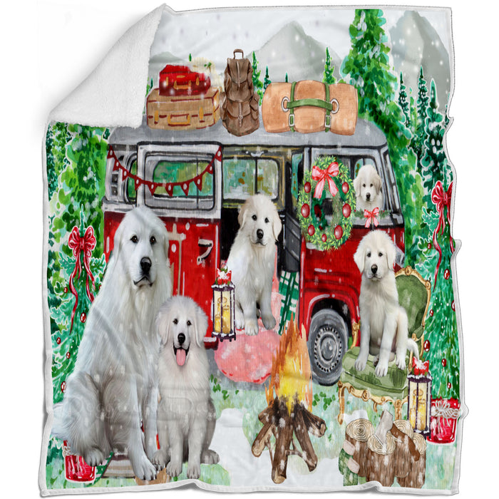 Christmas Time Camping with Great Pyrenees Dogs Blanket - Lightweight Soft Cozy and Durable Bed Blanket - Animal Theme Fuzzy Blanket for Sofa Couch