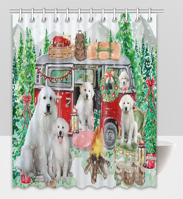 Christmas Time Camping with Great Pyrenees Dogs Shower Curtain Pet Painting Bathtub Curtain Waterproof Polyester One-Side Printing Decor Bath Tub Curtain for Bathroom with Hooks
