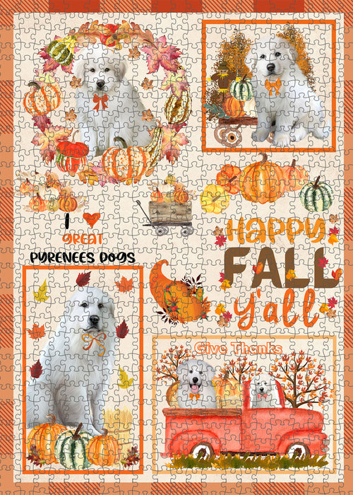 Happy Fall Y'all Pumpkin Great Pyrenees Dogs Portrait Jigsaw Puzzle for Adults Animal Interlocking Puzzle Game Unique Gift for Dog Lover's with Metal Tin Box