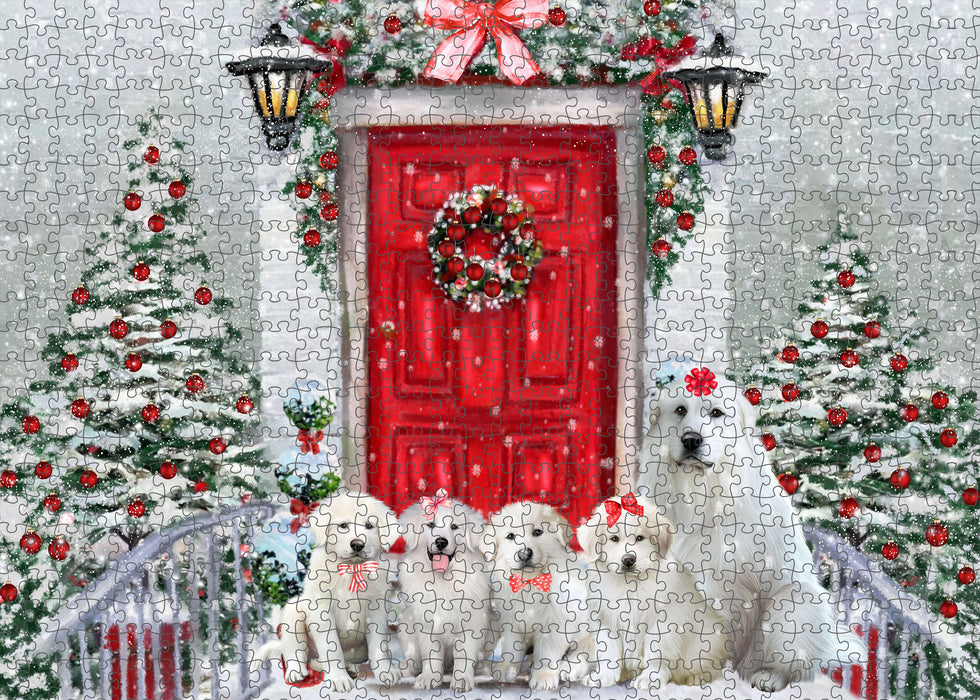 Christmas Holiday Welcome Great Pyrenees Dogs Portrait Jigsaw Puzzle for Adults Animal Interlocking Puzzle Game Unique Gift for Dog Lover's with Metal Tin Box