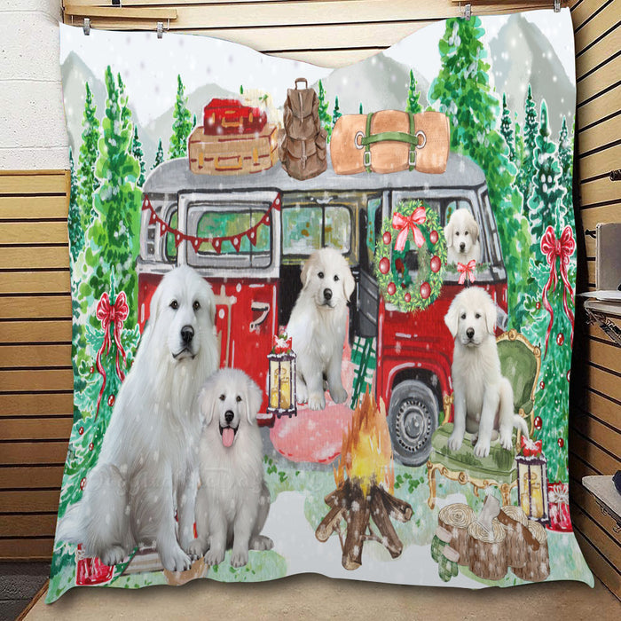 Christmas Time Camping with Great Pyrenees Dogs  Quilt Bed Coverlet Bedspread - Pets Comforter Unique One-side Animal Printing - Soft Lightweight Durable Washable Polyester Quilt