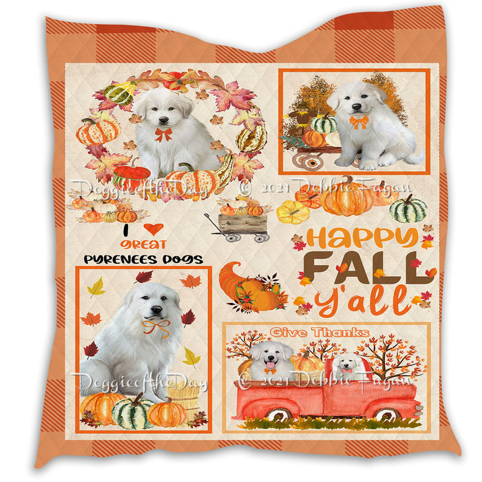 Happy Fall Y'all Pumpkin Great Pyrenees Dogs Quilt Bed Coverlet Bedspread - Pets Comforter Unique One-side Animal Printing - Soft Lightweight Durable Washable Polyester Quilt