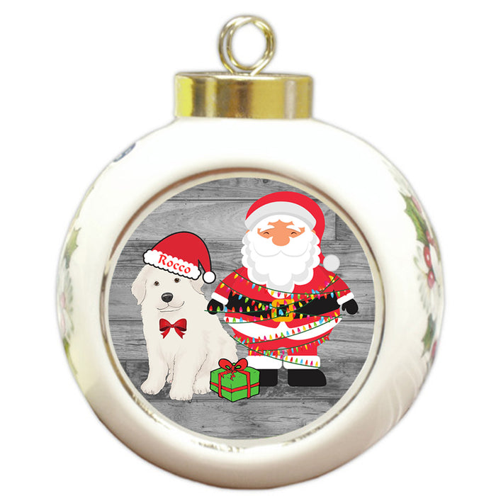 Custom Personalized Great Pyrenee Dog With Santa Wrapped in Light Christmas Round Ball Ornament