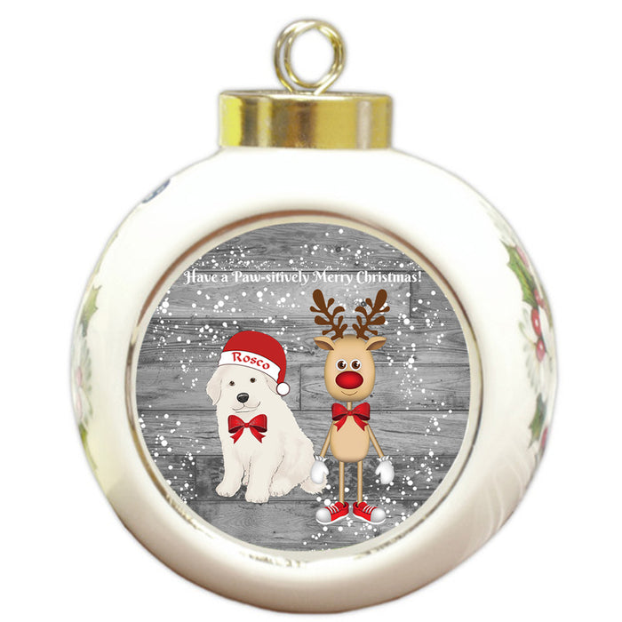 Custom Personalized Great Pyrenee Dog Reindeer and Pooch Christmas Round Ball Ornament